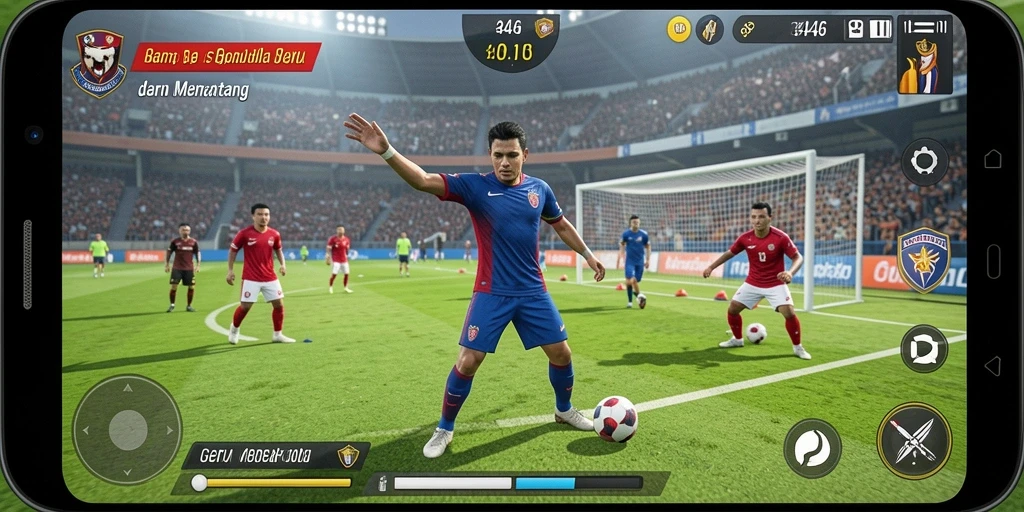 Tampilan gameplay mendebarkan di lapangan sepak bola.