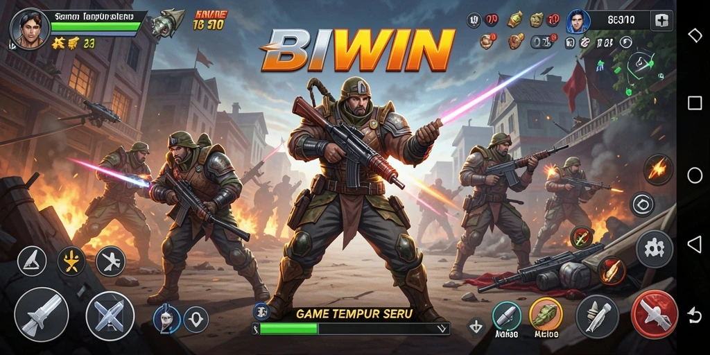 Screenshot utama BIWIN menampilkan aksi pertempuran yang dinamis.