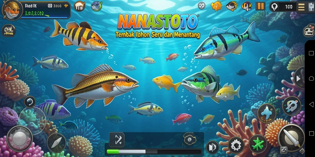 Tampilan gameplay NANASTOTO yang menampilkan aksi tembak ikan yang seru.
