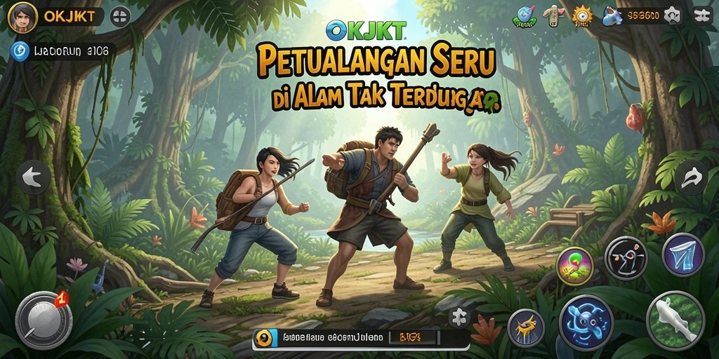 Screenshot menunjukkan karakter yang menjelajahi hutan lebat dengan penuh petualangan.