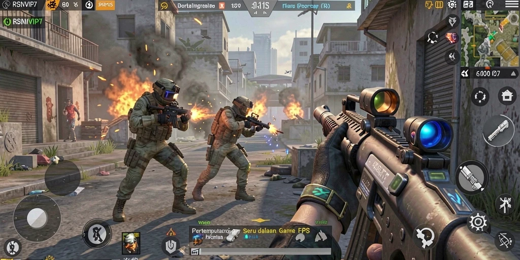 Screenshot gameplay RSNVIP7 menampilkan aksi menegangkan dalam pertempuran FPS.