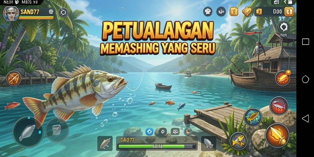 Screenshot permainan SAND77 dengan pemain sedang memancing di danau.